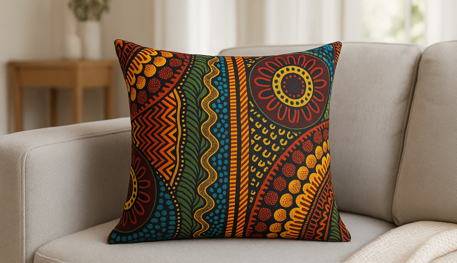 Housse de coussin wax africain dans un salon moderne