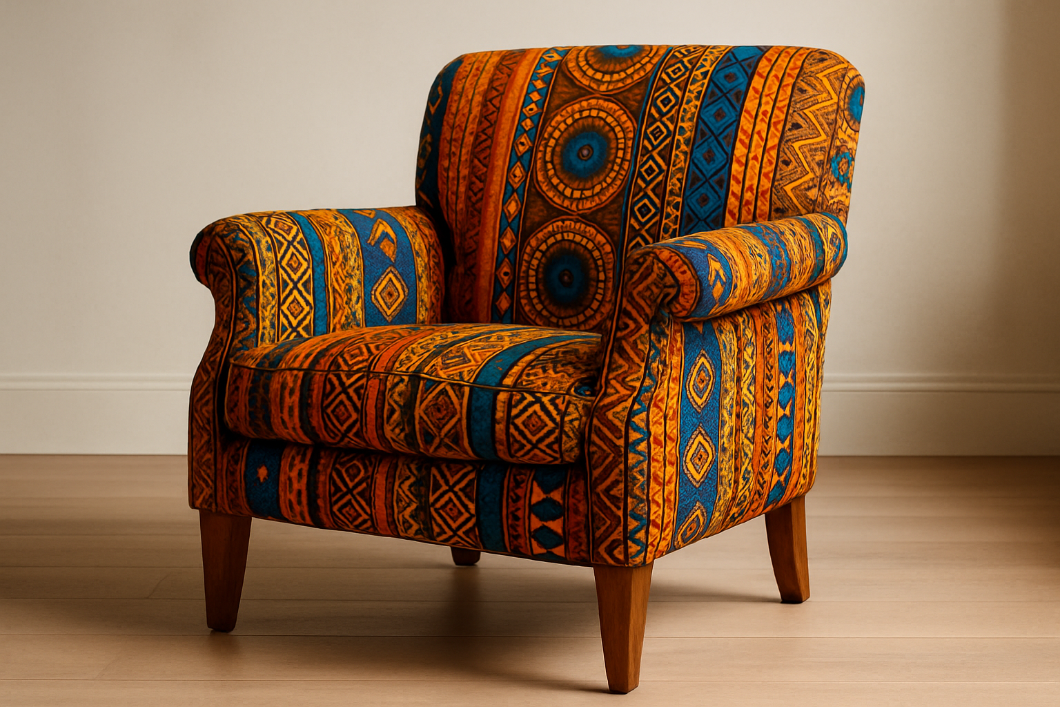 un fauteuil recouvert de tissu africain